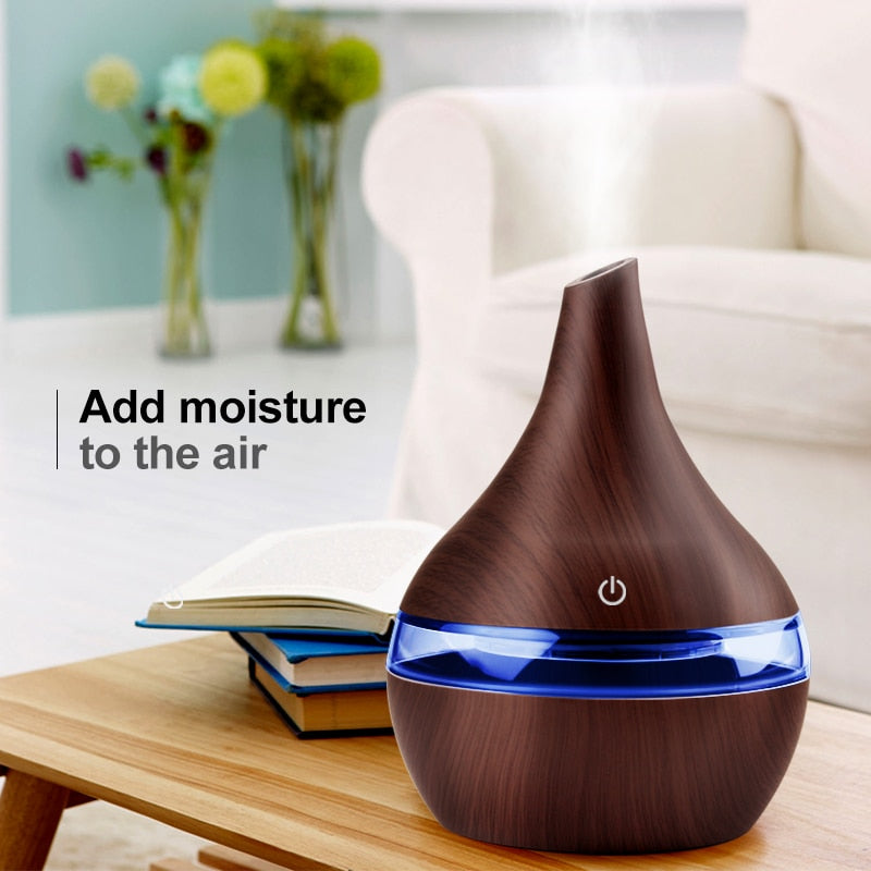 300ML USB Electric Humidifier Essential Aroma Oil Diffuser Ultrasonic Wood Grain Air Humidifier USB Mini Mist Maker LED Light