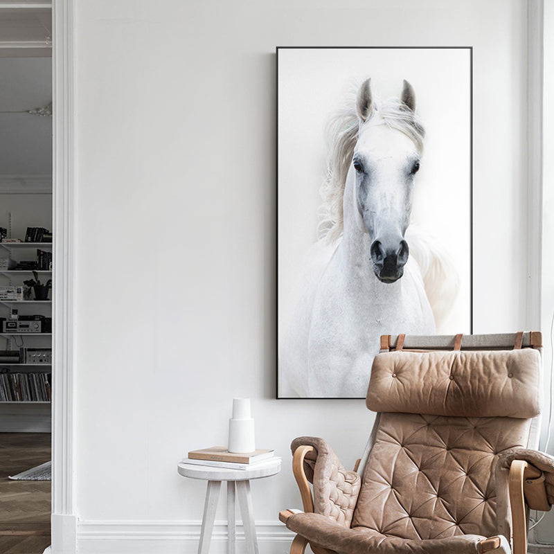 Nordic Style White Horse Canvas White Poster Print Modern Wall Art Pictures