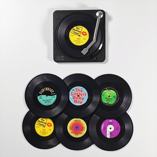 6pcs Vinyl Disk Coasters With Vinyl Record Player Holder