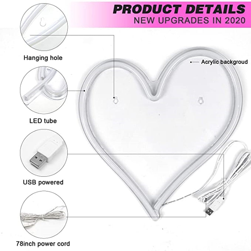 38cm Big Heart Shape Neon Sign Wall Hanging Light for Wedding Bedroom Home Party USB Powered Valentine's Day Christmas Decor