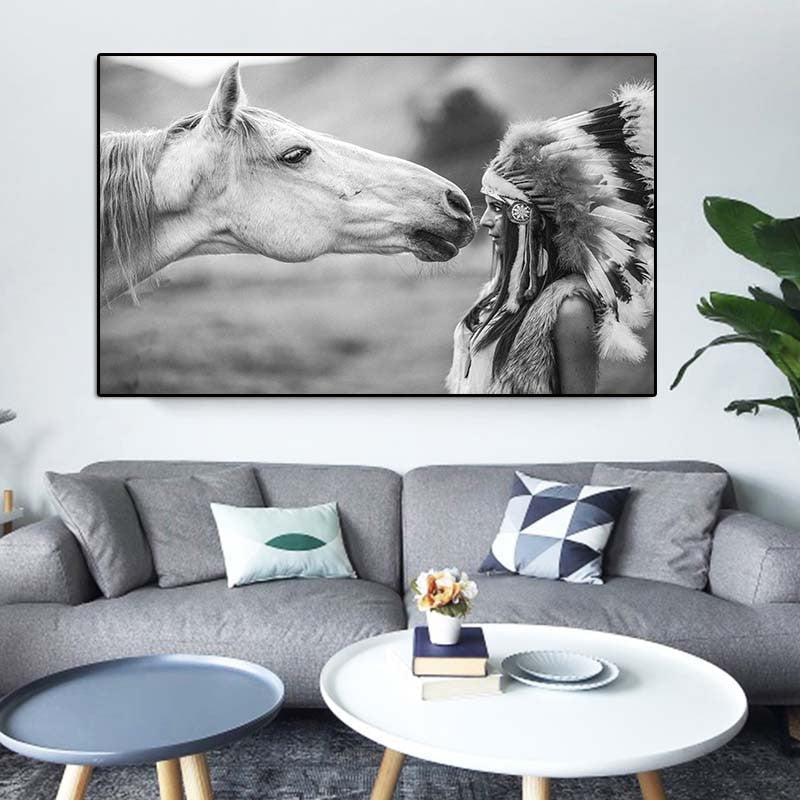 Black and White Native Indian with Horse Portrait Canvas Art Scandinavian Poster Print Wall Picture