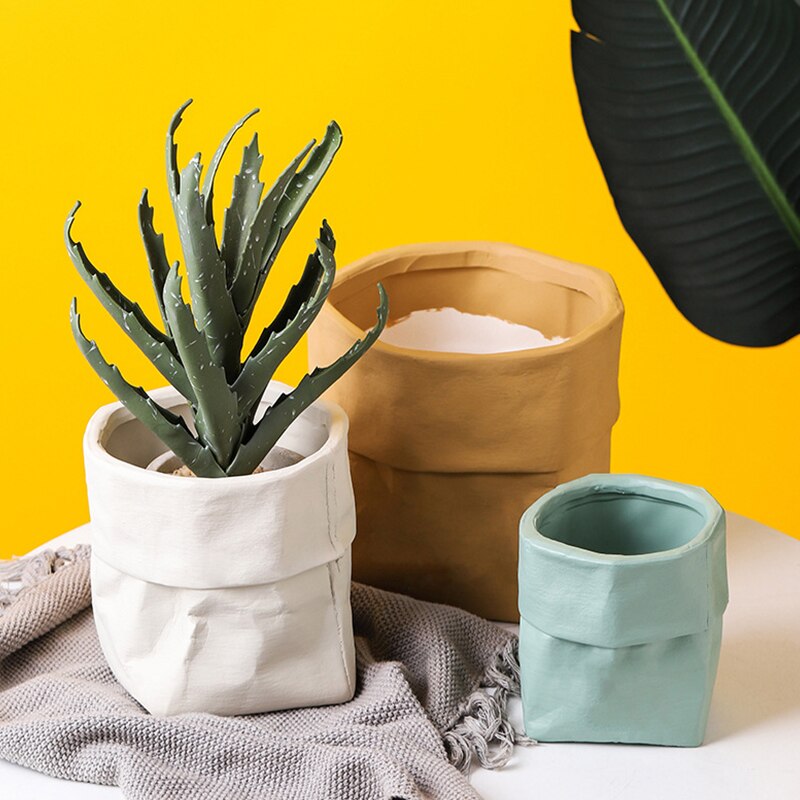 Home Garden Nordic Ins Ceramic Kraft Paper Bag Flower Pot Green Plant Potted Creative Home Green Succulent Cactus Flower Pot