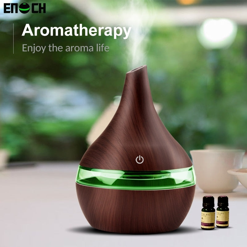 300ML USB Electric Humidifier Essential Aroma Oil Diffuser Ultrasonic Wood Grain Air Humidifier USB Mini Mist Maker LED Light