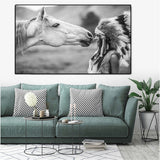 Black and White Native Indian with Horse Portrait Canvas Art Scandinavian Poster Print Wall Picture